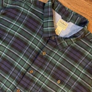 LL Bean Flannel Shirt Mens 2XL Tall Blue Green  Black Watch Plaid Tartan Outdoor